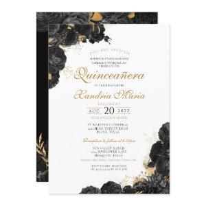 Elegant Black Gold Rose Floral Quinceanera