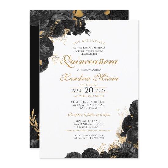 Elegant Black Gold Rose Floral Quinceanera