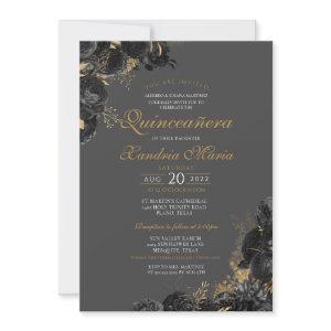 Elegant Black Gray Gold Rose Floral Quinceanera