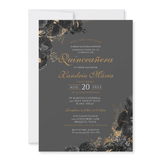 Elegant Black Gray Gold Rose Floral Quinceanera