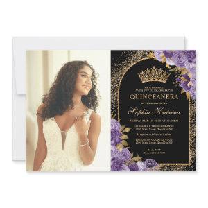 Elegant Black Purple Gold Floral Photo Quinceanera