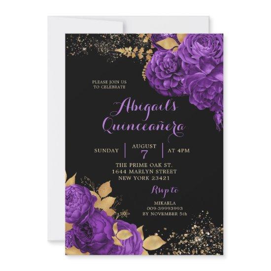 Elegant Black Purple Gold Stiletto Quinceañera