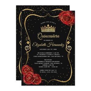 Elegant Black Red Rose and Gold Quinceanera