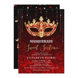 Elegant Black Red Rose Gold Masquerade Sweet 16