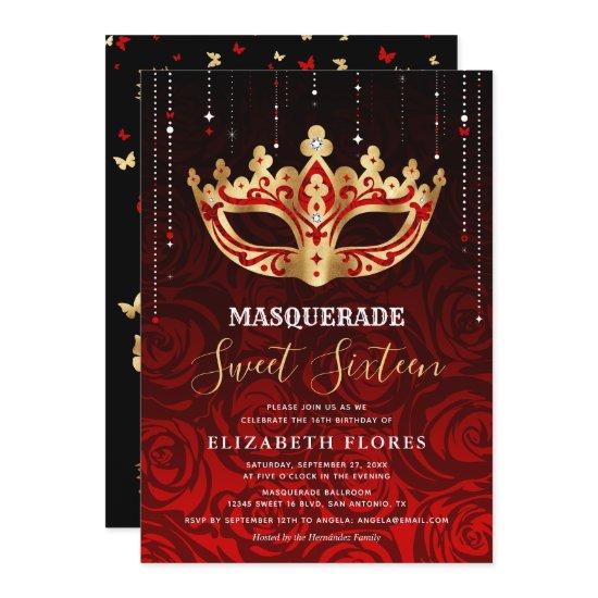 Elegant Black Red Rose Gold Masquerade Sweet 16