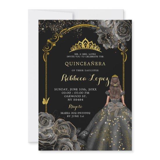 Elegant Black Rose and Gold Princess Quinceañera