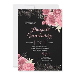 Elegant Black Rose Gold Floral Quinceañera