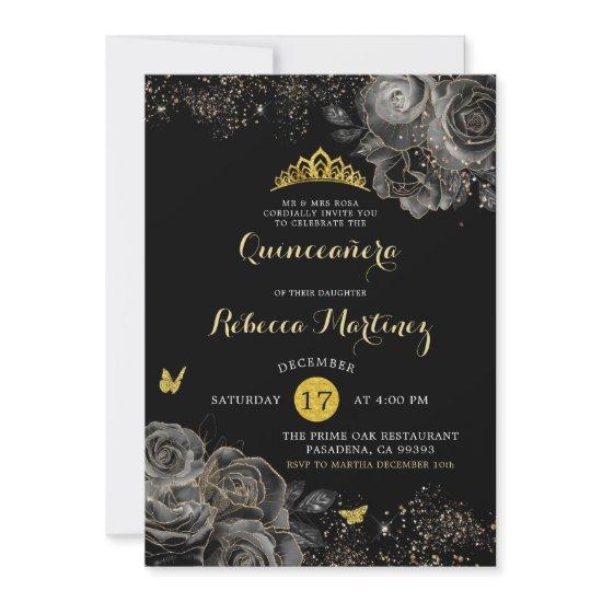 Elegant Black rose & Gold Royal Crown Mis Quince