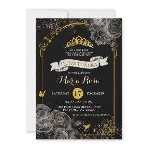 Elegant Black Roses Gold Royal Crown Quinceañera