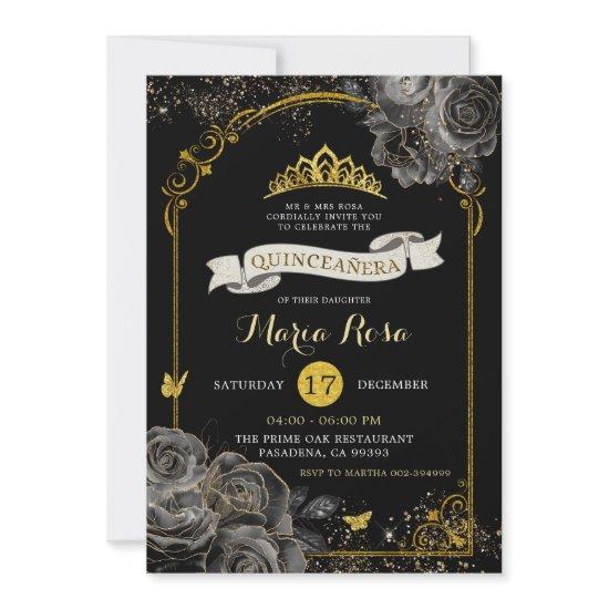 Elegant Black Roses Gold Royal Crown Quinceañera