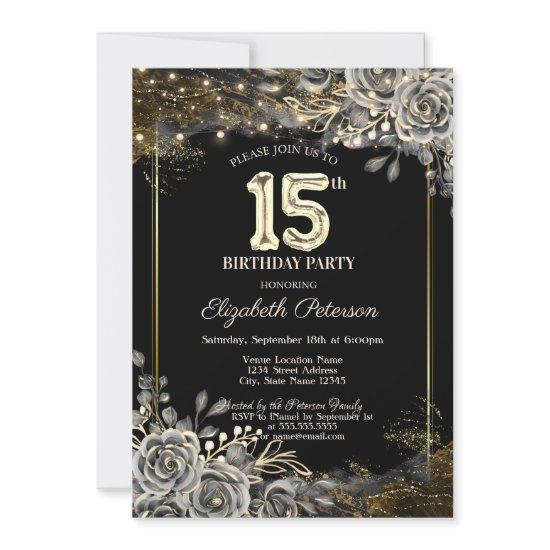 Elegant Black Roses,Lights Black 15th Birthday