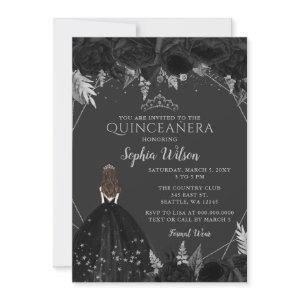 Elegant Black Silver Floral Princess Quinceañera