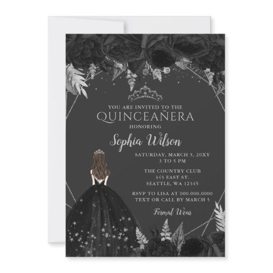 Elegant Black Silver Floral Princess Quinceañera