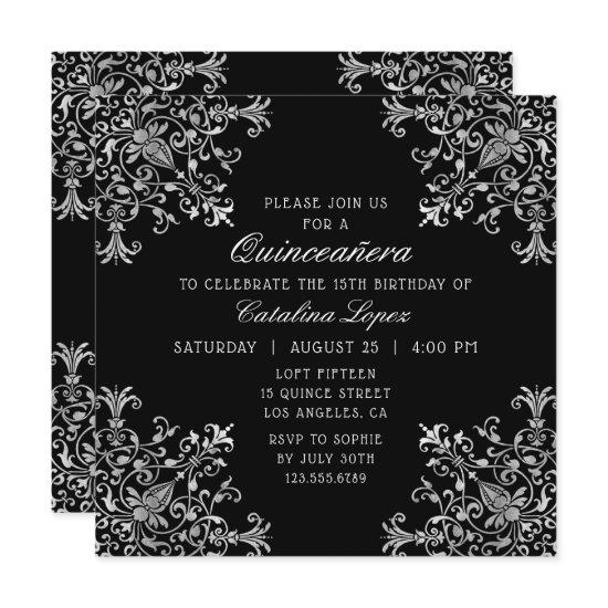 Elegant Black Silver Ornate Floral Quinceañera