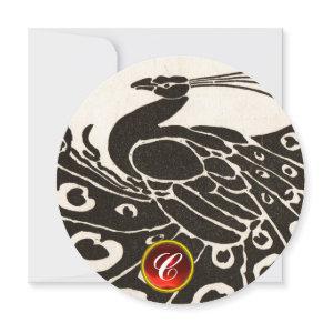 ELEGANT BLACK SWHITE PEACOCK,RED RUBY GEM MONOGRAM