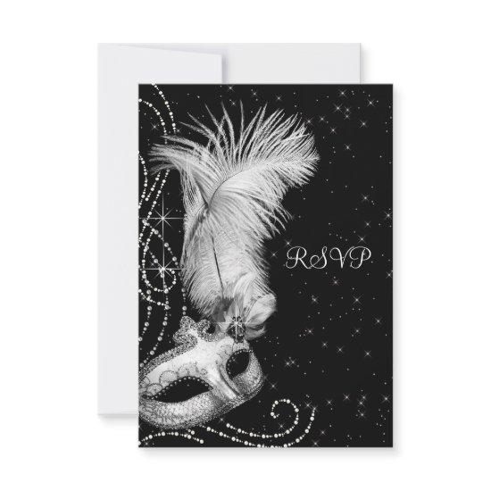 Elegant Black White Masquerade Party RSVP Card