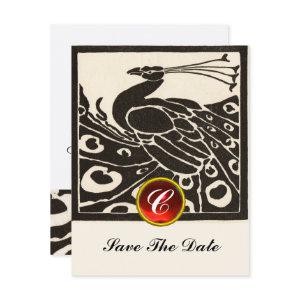 ELEGANT BLACK WHITE PEACOCK,RED RUBY GEM MONOGRAM