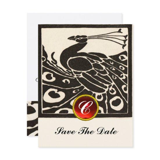 ELEGANT BLACK WHITE PEACOCK,RED RUBY GEM MONOGRAM