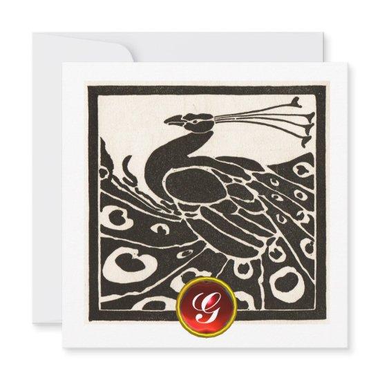 ELEGANT BLACK WHITE PEACOCK ,RED RUBY GEM MONOGRAM