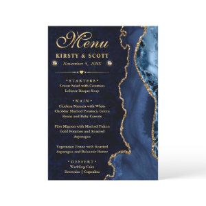 Elegant Blue and Gold Faux Glitter Agate Wedding Menu