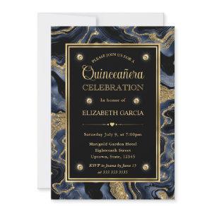 Elegant Blue and Gold Glitter Agate Quinceanera