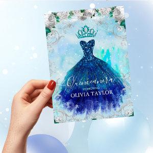 Elegant blue aqua floral glitter gown Quinceanera