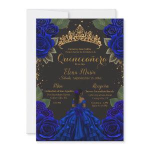 Elegant Blue Black Quinceañera Roses Gold Glitter