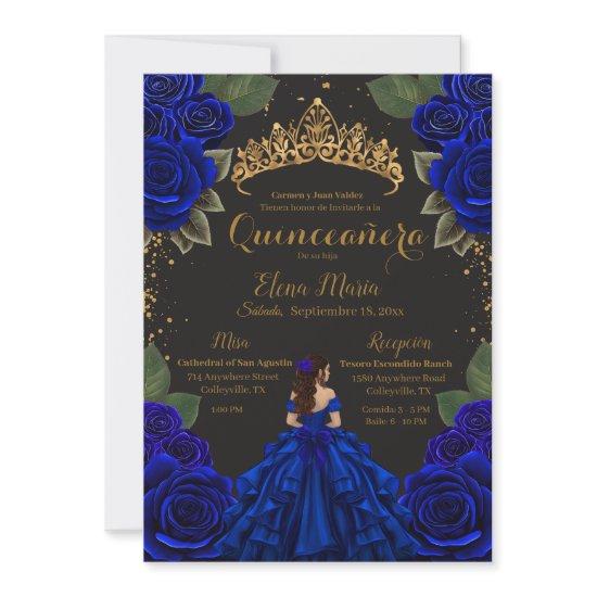 Elegant Blue Black Quinceañera Roses Gold Glitter