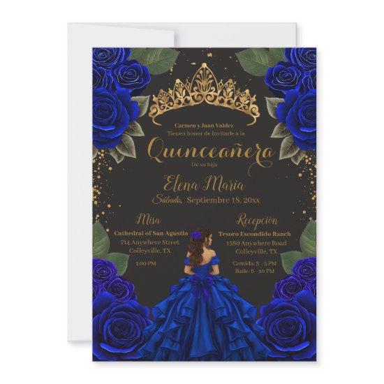 Elegant Blue Black Quinceañera Roses Gold Glitter
