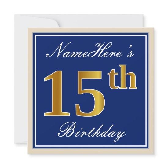 Elegant, Blue, Faux Gold 15th Birthday + Name