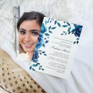 Elegant Blue Floral Photo Quinceañera