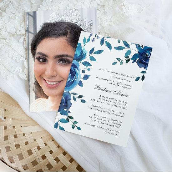 Elegant Blue Floral Photo Quinceañera