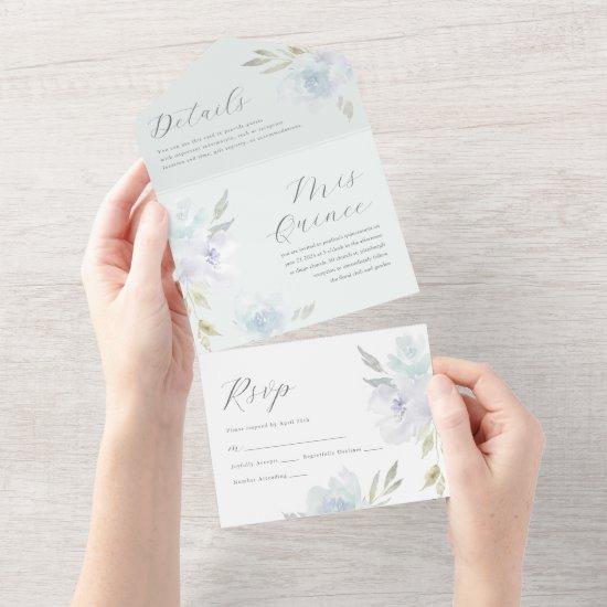 Elegant Blue Floral Quinceanera 15 Years All In One