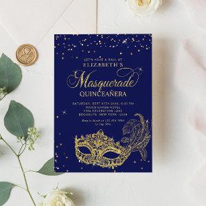 Elegant Blue Gold Glitter Masquerade Quinceañera