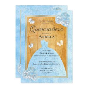 Elegant Blue Gold Roses Butterflies Quinceañera