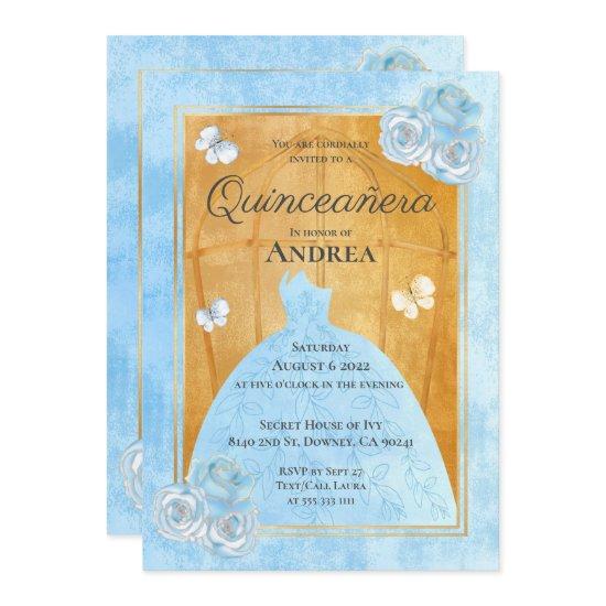 Elegant Blue Gold Roses Butterflies Quinceañera