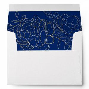 Elegant Blue Gold Sketched Floral Return Address Envelope