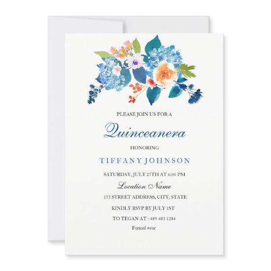 Elegant Blue & Peach Floral Quinceanera