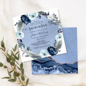 Elegant Blue Quinceañera, Floral, Blue Foil,Agate
