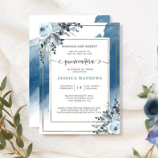Elegant Blue Quinceañera Watercolor and Floral