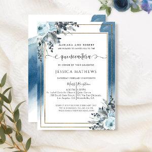 Elegant Blue Quinceañera Watercolor with Floral