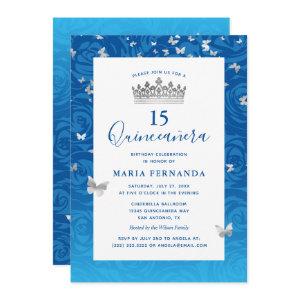 Elegant Blue Rose Silver Crown Floral Quinceanera