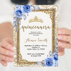 Elegant Blue Roses Floral Gold Mis Quince