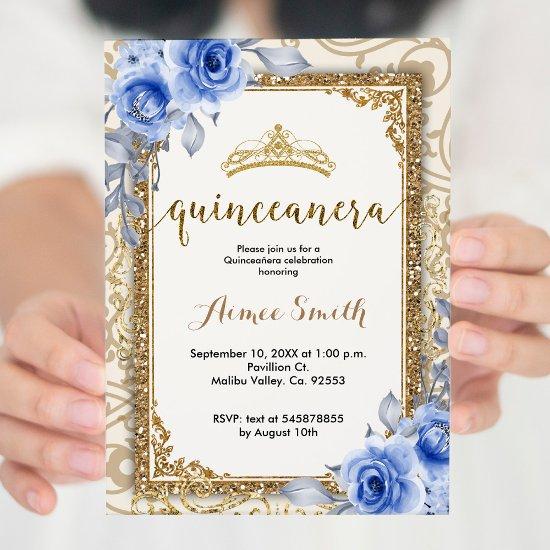 Elegant Blue Roses Floral Gold Mis Quince
