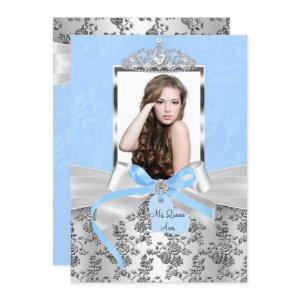 Elegant Blue Silver Bow & Rose Photo Quinceanera