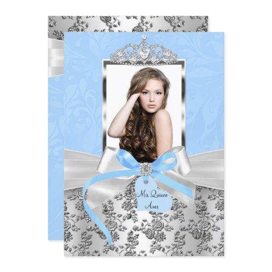 Elegant Blue Silver Bow & Rose Photo Quinceanera