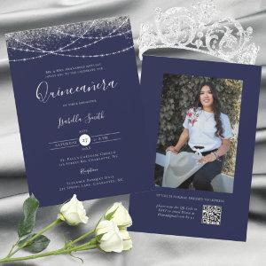 Elegant Blue Silver Glitter Photo Quinceanera