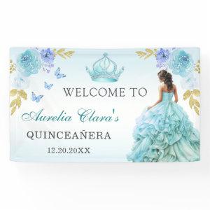 Elegant Blush Blue Floral Quinceañera Birthday Banner