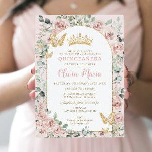 Elegant Blush Floral Butterflies Gold Quinceañera