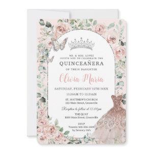Elegant Blush Floral Dress Silver Quinceañera